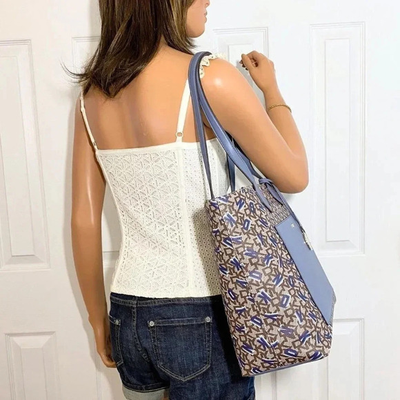 DKNY Shoulder Tote Satchel Bag Monogram Print Blue, Brown NWT - Picture 7 of 13